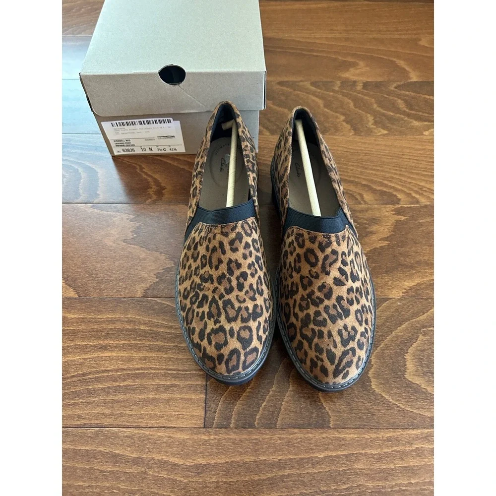 Clarks Womens 10 N Airabell Mid Leopard Print Wedges Leather Closed Toe NEW‎
